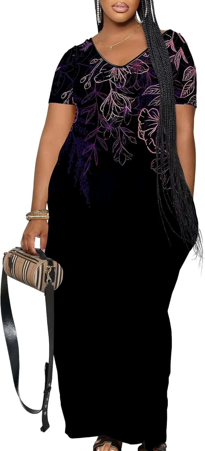 Women's Plus Size Summer Dresses Print Maxi Dresses Flowy Sundresses Plus Size A-Line Skirts for Curvy Women