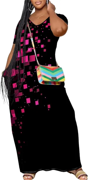 Women's Plus Size Summer Dresses Print Maxi Dresses Flowy Sundresses Plus Size A-Line Skirts for Curvy Women