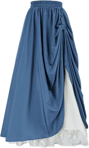 Women's Renaissance Skirt Victorian Peasant Double-Layer Maxi Long Skirts Casual Elastic Waisted Skirt Retro Costumes