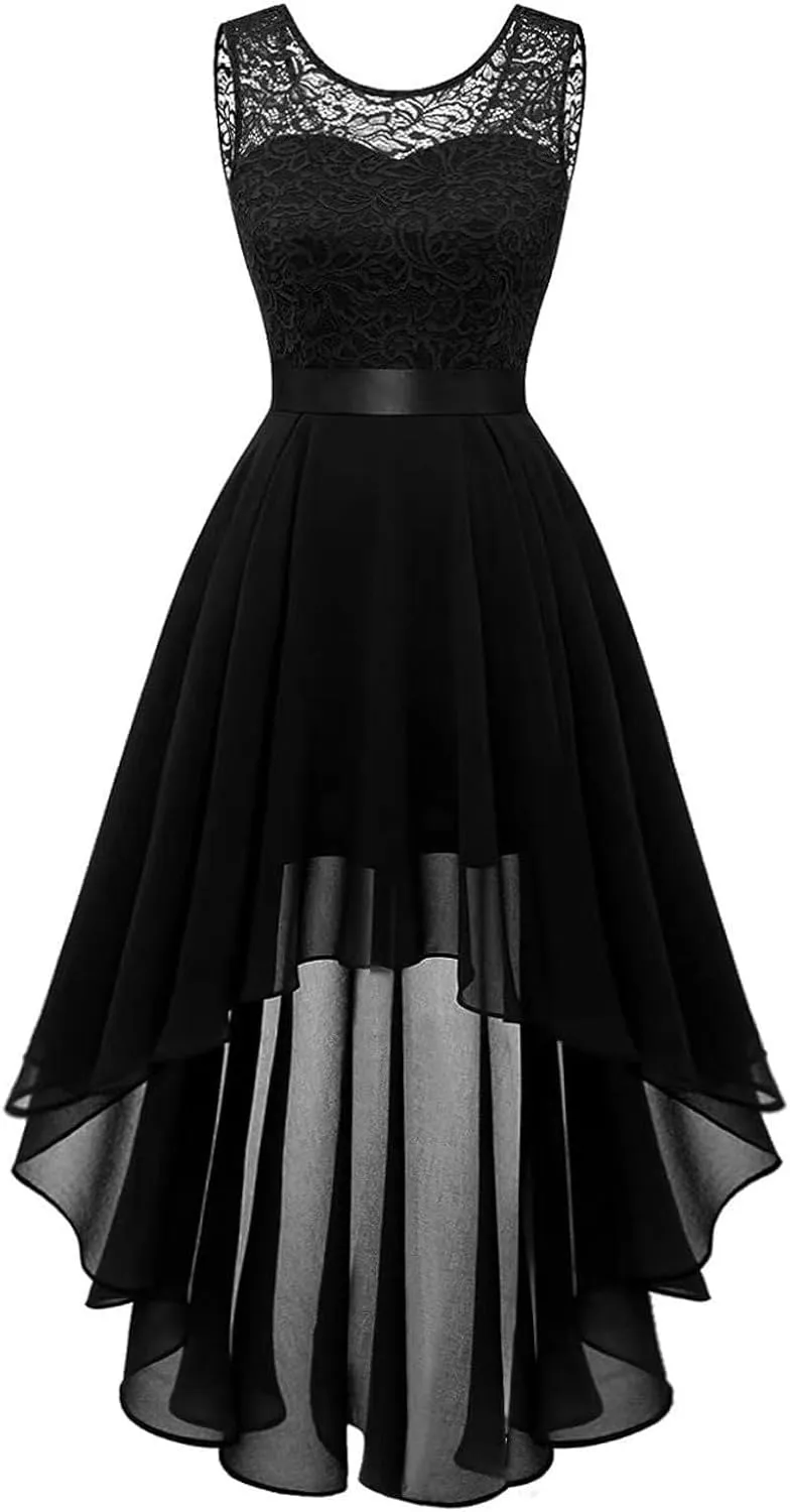 Women's Retro Lace Contrast Chiffon Dress Ruffle Wedding Evening Maxi Dress Sleeveless Club Party Dresses