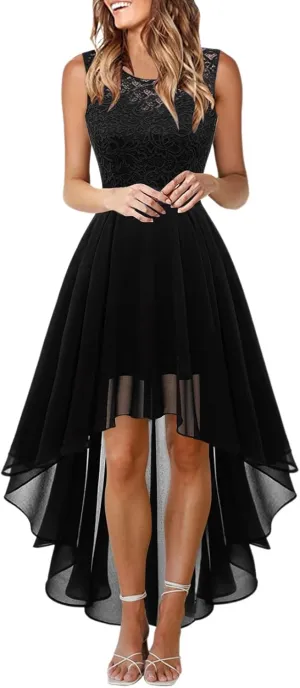 Women's Retro Lace Contrast Chiffon Dress Ruffle Wedding Evening Maxi Dress Sleeveless Club Party Dresses