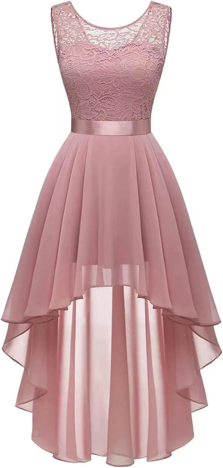 Women's Retro Lace Contrast Chiffon Dress Ruffle Wedding Evening Maxi Dress Sleeveless Club Party Dresses