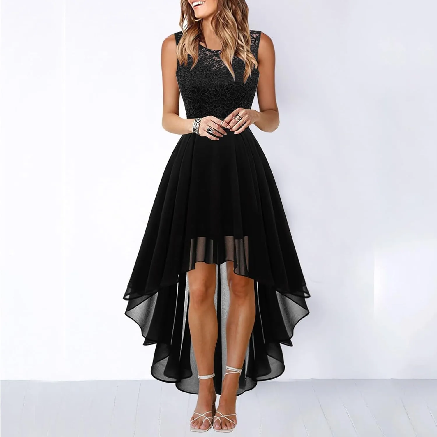 Women's Retro Lace Contrast Chiffon Dress Ruffle Wedding Evening Maxi Dress Sleeveless Club Party Dresses