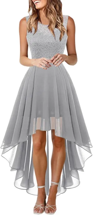 Women's Retro Lace Contrast Chiffon Dress Ruffle Wedding Evening Maxi Dress Sleeveless Club Party Dresses