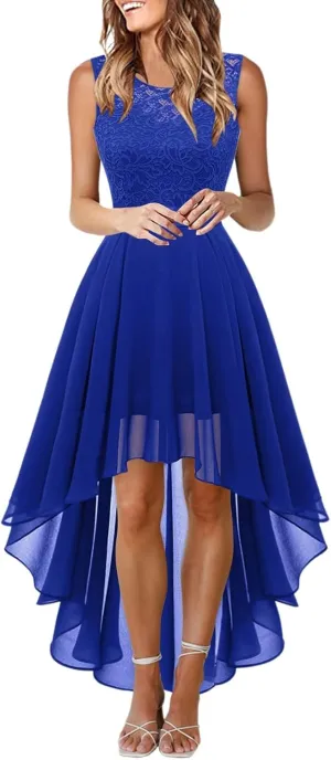 Women's Retro Lace Contrast Chiffon Dress Ruffle Wedding Evening Maxi Dress Sleeveless Club Party Dresses