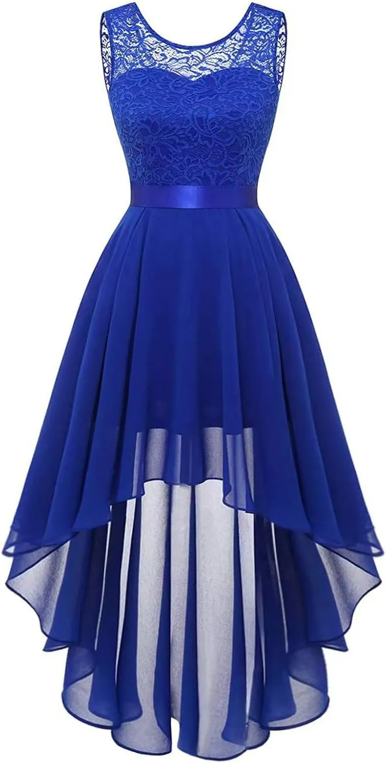 Women's Retro Lace Contrast Chiffon Dress Ruffle Wedding Evening Maxi Dress Sleeveless Club Party Dresses