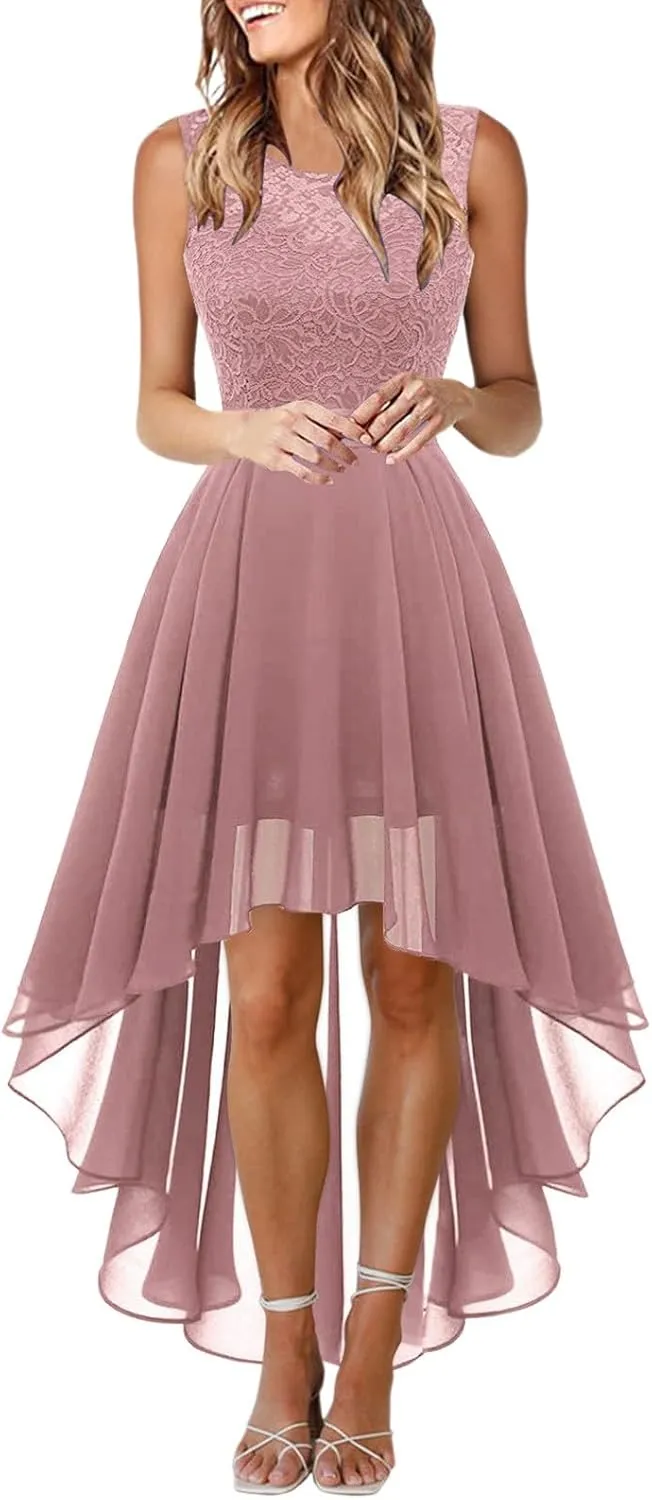 Women's Retro Lace Contrast Chiffon Dress Ruffle Wedding Evening Maxi Dress Sleeveless Club Party Dresses
