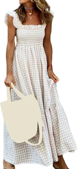 Women's Retro Plaid Smocked Dress Summer Sleeveless Spaghetti Strap Square Neck A-Line Maxi Long Beach Sundress