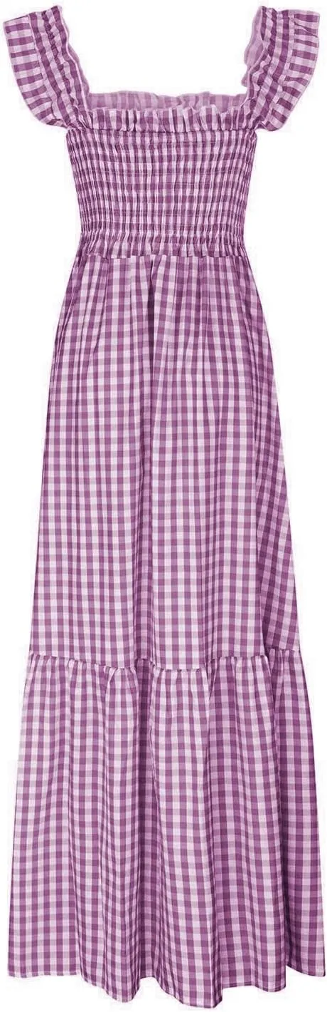 Women's Retro Plaid Smocked Dress Summer Sleeveless Spaghetti Strap Square Neck A-Line Maxi Long Beach Sundress