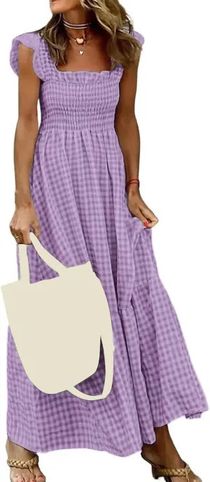 Women's Retro Plaid Smocked Dress Summer Sleeveless Spaghetti Strap Square Neck A-Line Maxi Long Beach Sundress