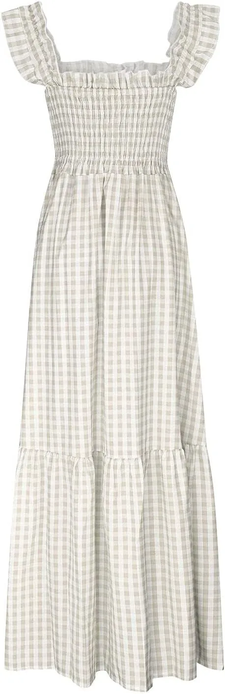 Women's Retro Plaid Smocked Dress Summer Sleeveless Spaghetti Strap Square Neck A-Line Maxi Long Beach Sundress