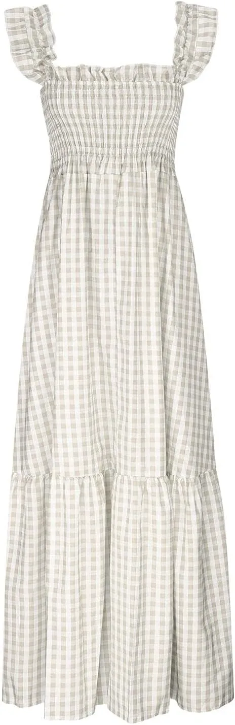 Women's Retro Plaid Smocked Dress Summer Sleeveless Spaghetti Strap Square Neck A-Line Maxi Long Beach Sundress