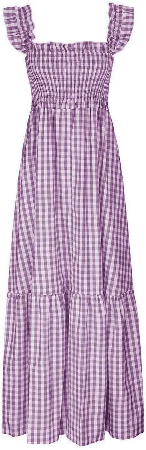 Women's Retro Plaid Smocked Dress Summer Sleeveless Spaghetti Strap Square Neck A-Line Maxi Long Beach Sundress
