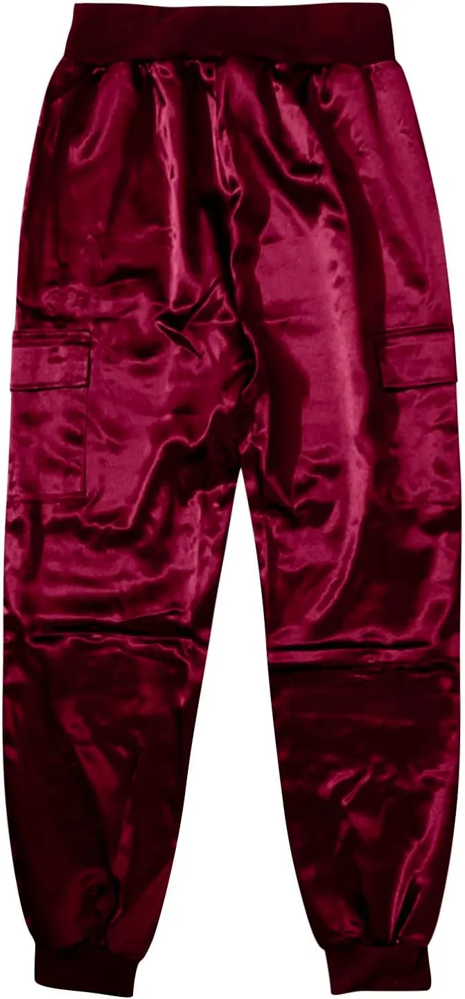 Womens Satin Jogger Pants Casual High Waist Pull on Lounge Trousers Casual Ankle Length Silky Satin Cargo Pants