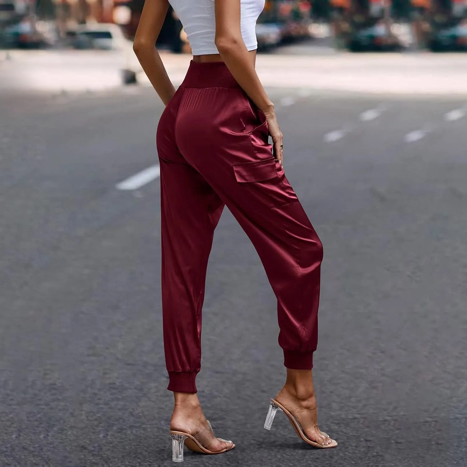 Womens Satin Jogger Pants Casual High Waist Pull on Lounge Trousers Casual Ankle Length Silky Satin Cargo Pants