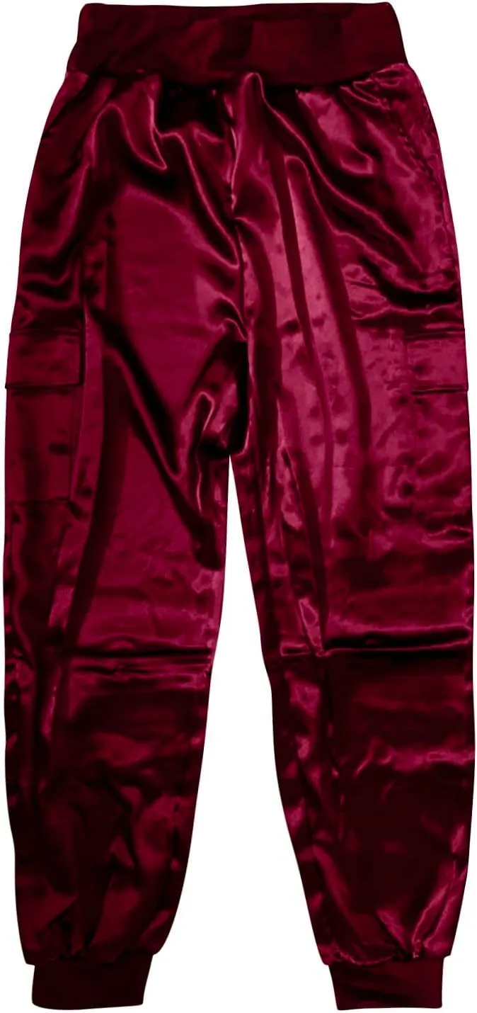 Womens Satin Jogger Pants Casual High Waist Pull on Lounge Trousers Casual Ankle Length Silky Satin Cargo Pants
