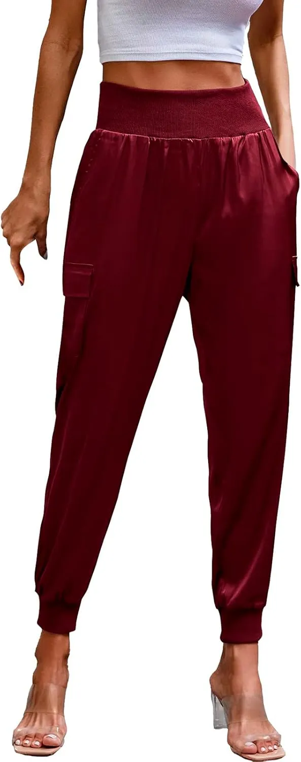 Womens Satin Jogger Pants Casual High Waist Pull on Lounge Trousers Casual Ankle Length Silky Satin Cargo Pants