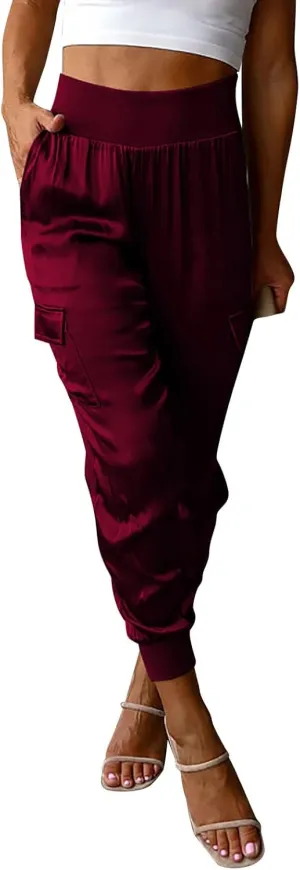 Womens Satin Jogger Pants Casual High Waist Pull on Lounge Trousers Casual Ankle Length Silky Satin Cargo Pants