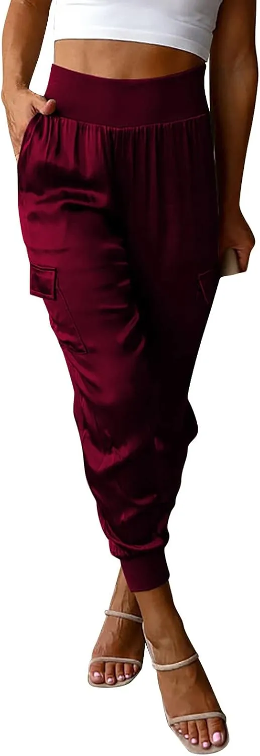 Womens Satin Jogger Pants Casual High Waist Pull on Lounge Trousers Casual Ankle Length Silky Satin Cargo Pants