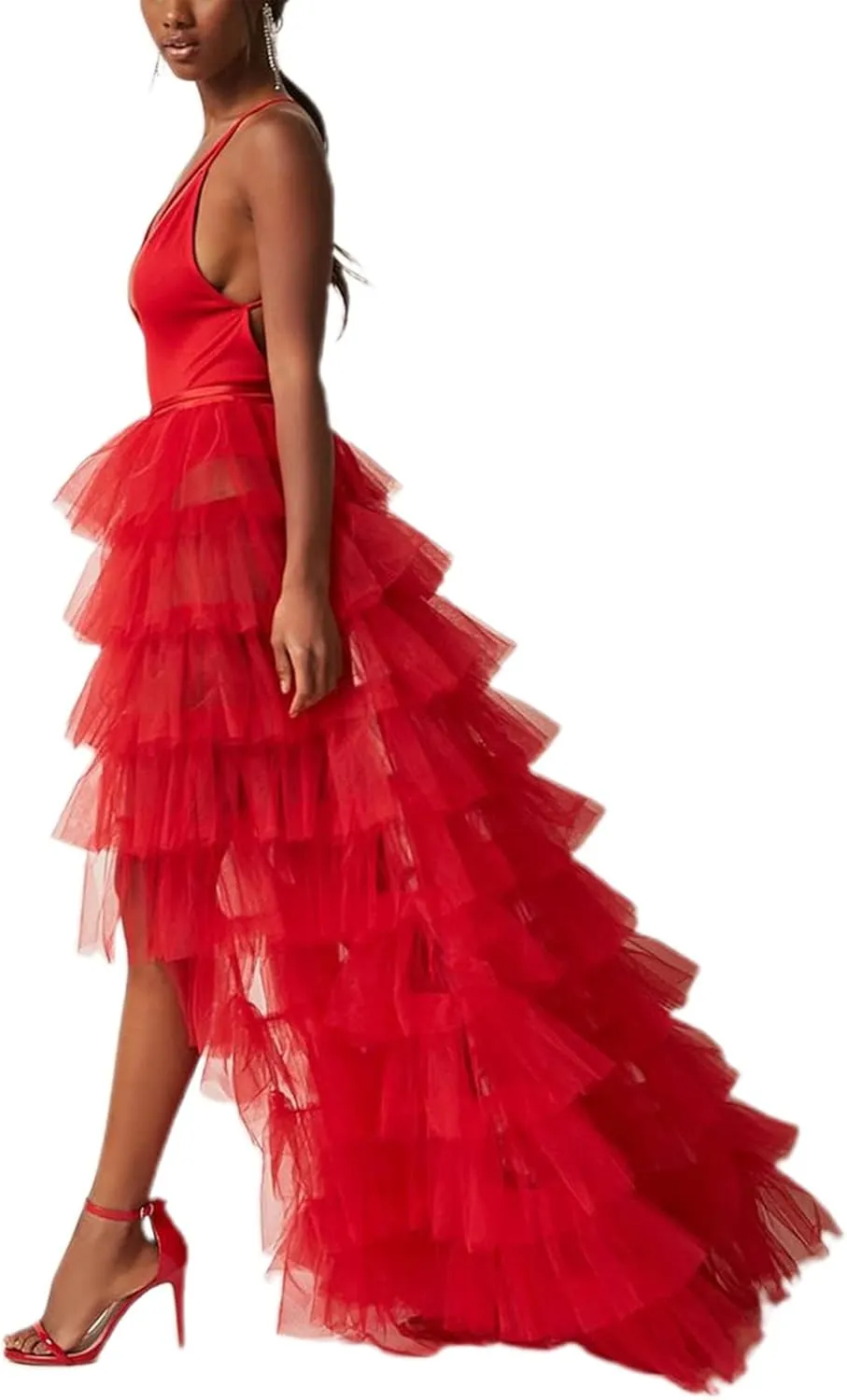Women's Solid Color Mesh Skirt Tied-Up Irregular Tulle Skirt Layered Maxi Dress Ruffle Tulle Long Tiered A-line Skirt