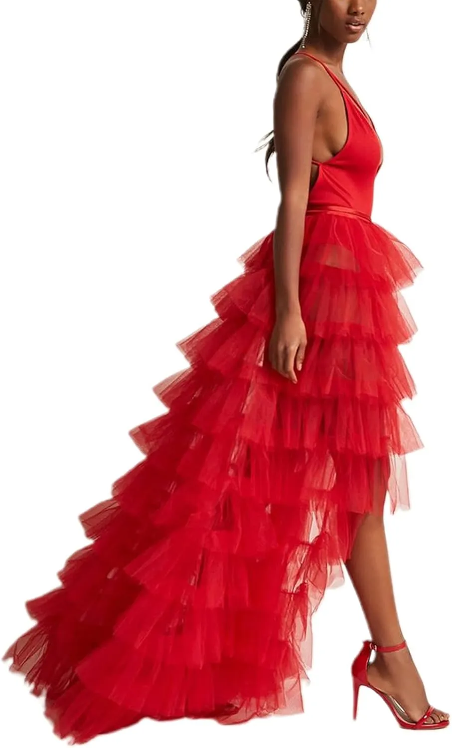Women's Solid Color Mesh Skirt Tied-Up Irregular Tulle Skirt Layered Maxi Dress Ruffle Tulle Long Tiered A-line Skirt