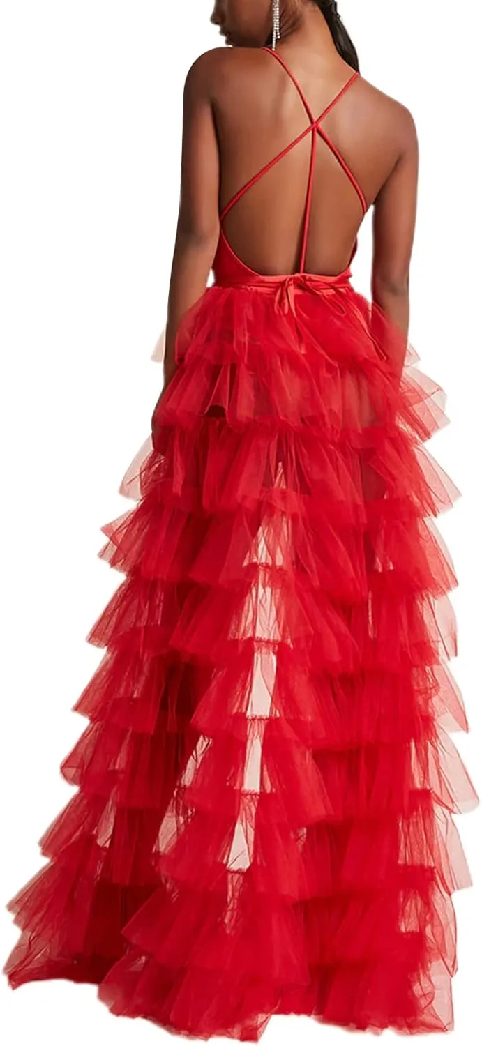 Women's Solid Color Mesh Skirt Tied-Up Irregular Tulle Skirt Layered Maxi Dress Ruffle Tulle Long Tiered A-line Skirt