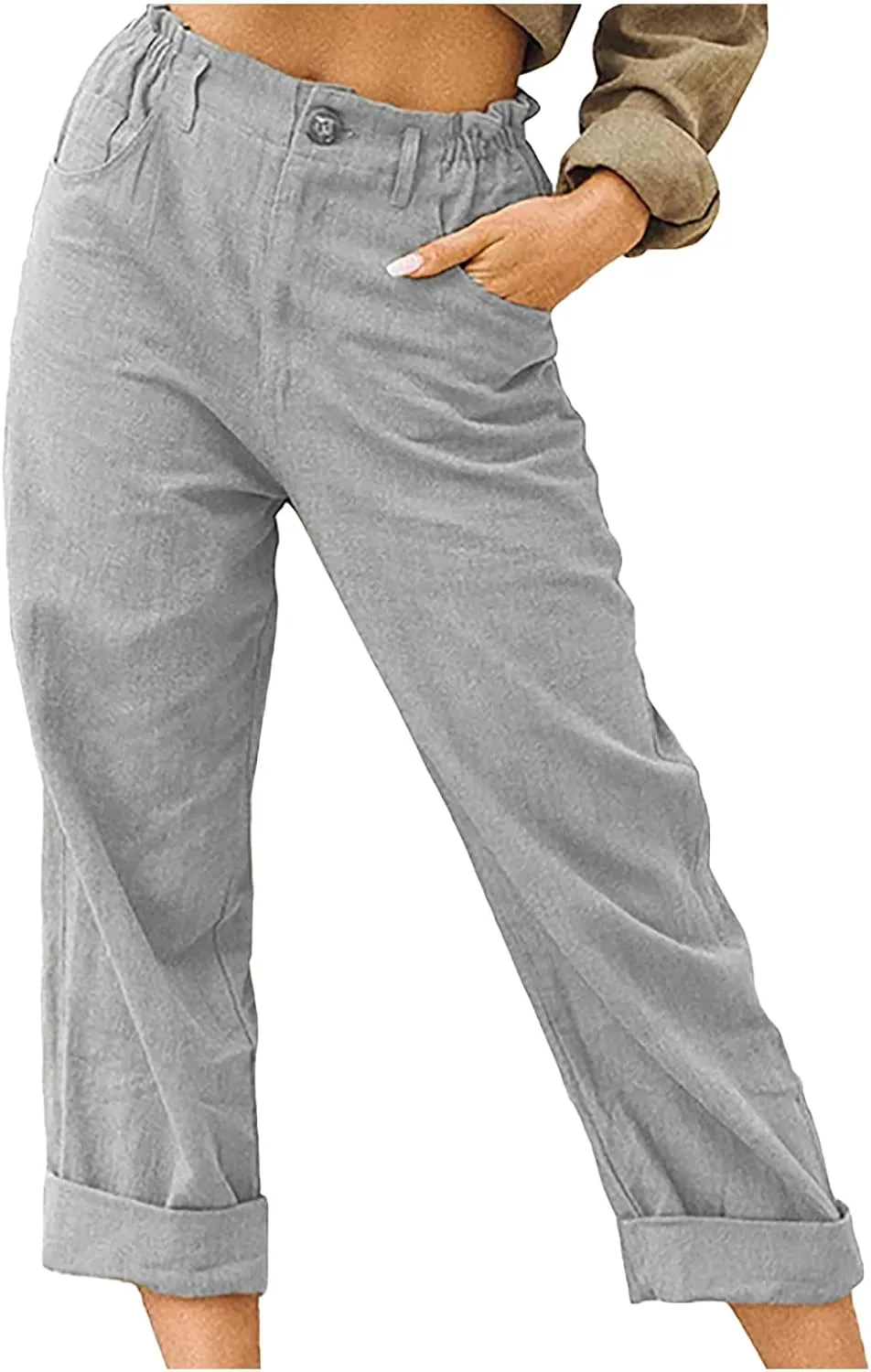 Women's Straight Leg Linen Pants with Pockets Casual Beach Button High Elastic Waist Lounge Trousers Summer Bottoms