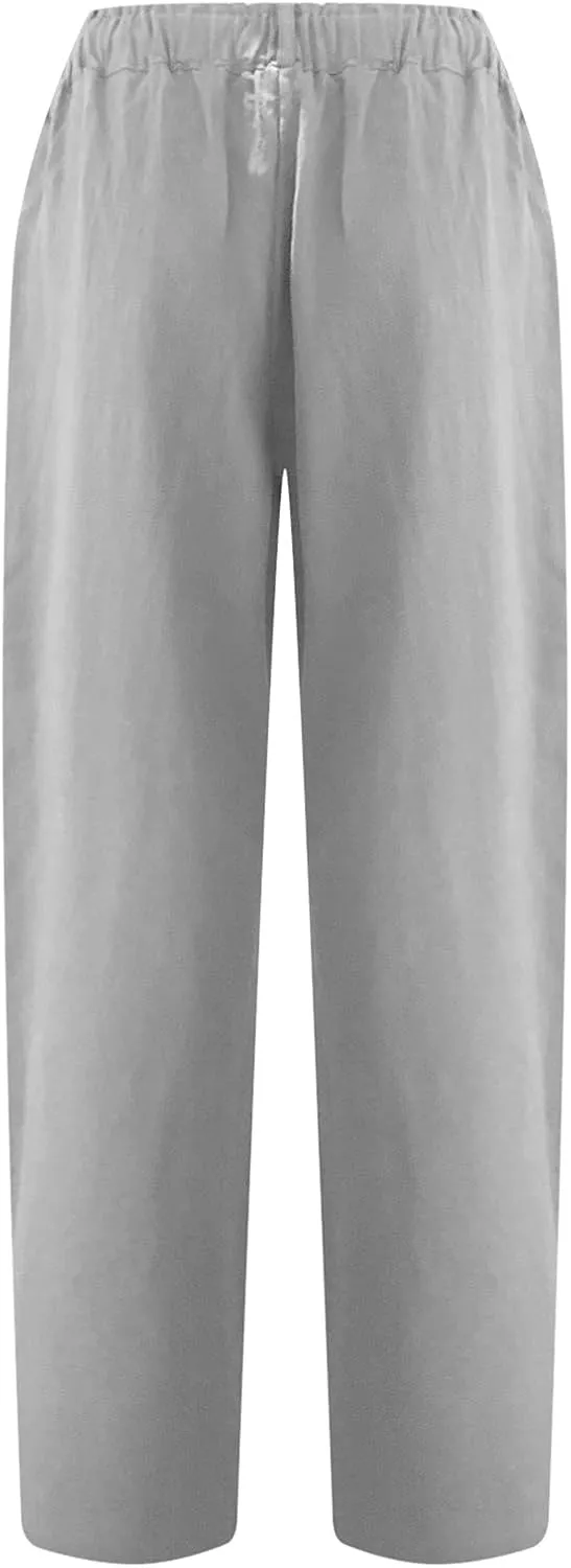 Women's Straight Leg Linen Pants with Pockets Casual Beach Button High Elastic Waist Lounge Trousers Summer Bottoms