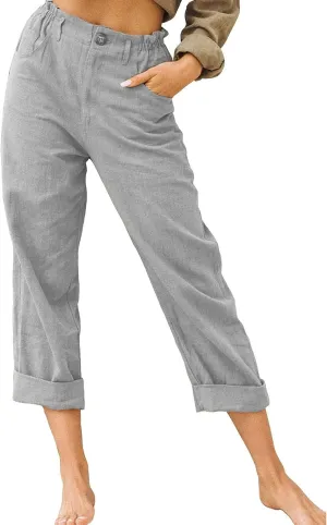 Women's Straight Leg Linen Pants with Pockets Casual Beach Button High Elastic Waist Lounge Trousers Summer Bottoms
