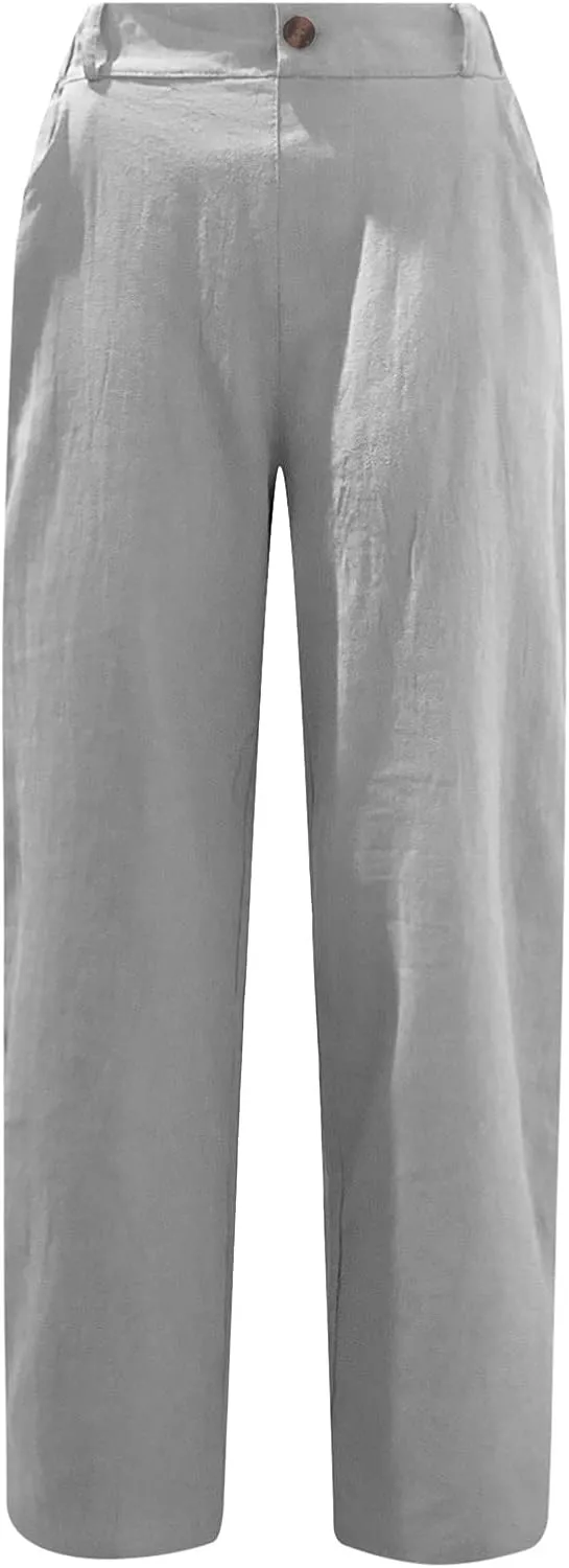 Women's Straight Leg Linen Pants with Pockets Casual Beach Button High Elastic Waist Lounge Trousers Summer Bottoms