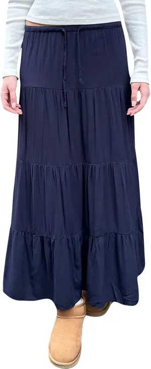 Women's Summer Boho Elastic Waist A-Line Beach Flowy Swing Tiered Maxi Skirt Pleated Ruffle Long Beach Skirt Dress