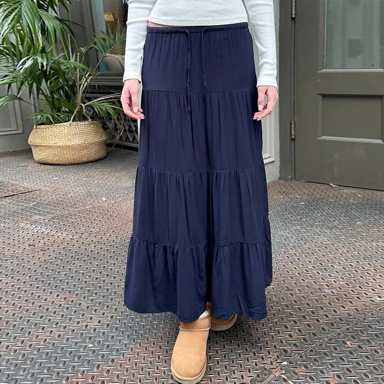 Women's Summer Boho Elastic Waist A-Line Beach Flowy Swing Tiered Maxi Skirt Pleated Ruffle Long Beach Skirt Dress