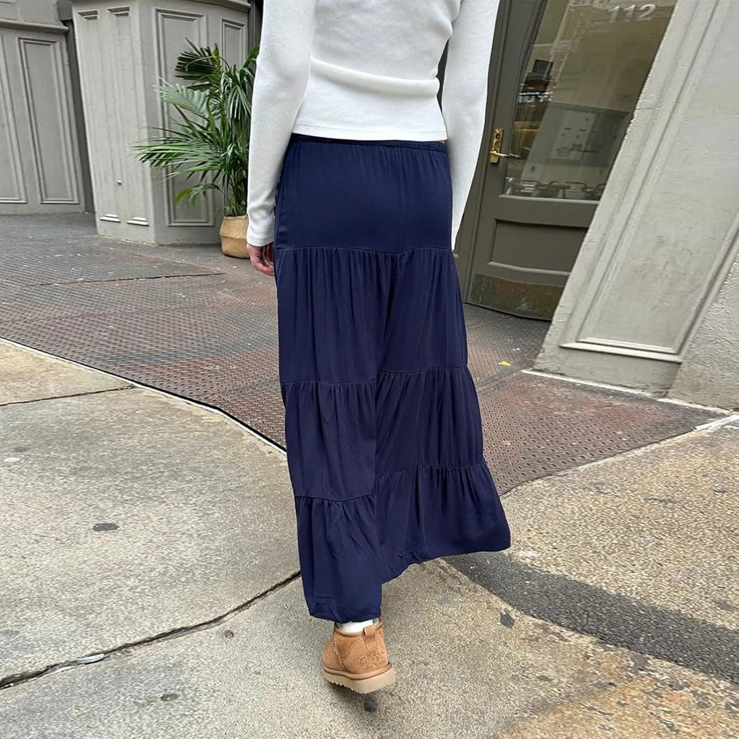 Women's Summer Boho Elastic Waist A-Line Beach Flowy Swing Tiered Maxi Skirt Pleated Ruffle Long Beach Skirt Dress