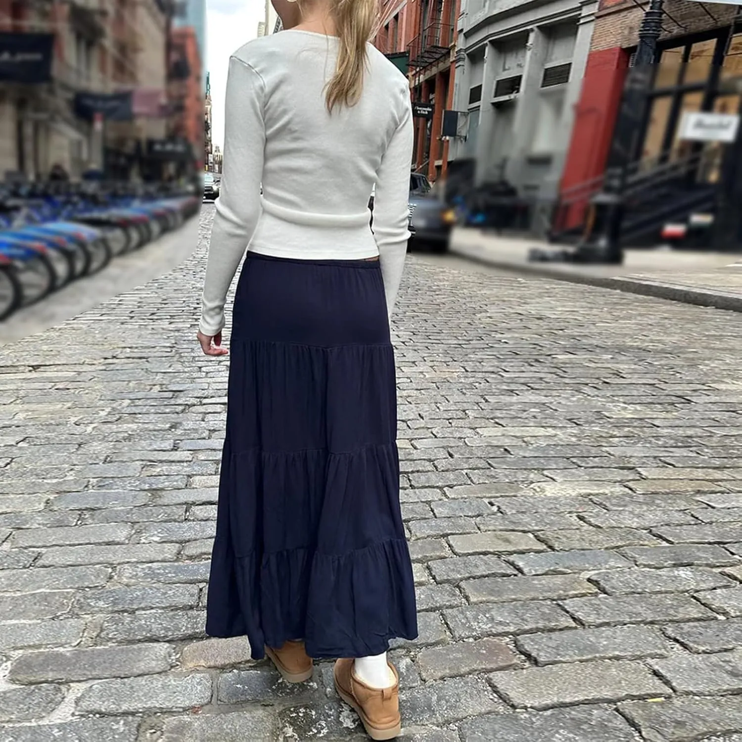 Women's Summer Boho Elastic Waist A-Line Beach Flowy Swing Tiered Maxi Skirt Pleated Ruffle Long Beach Skirt Dress