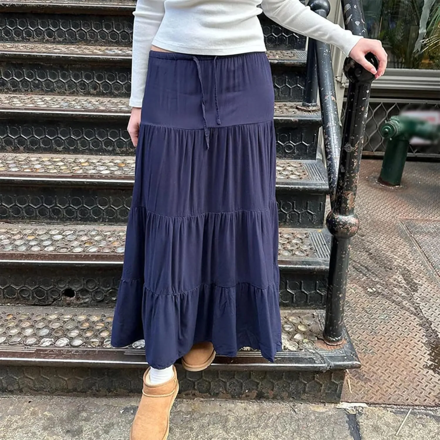 Women's Summer Boho Elastic Waist A-Line Beach Flowy Swing Tiered Maxi Skirt Pleated Ruffle Long Beach Skirt Dress