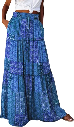 Womens Summer Boho Flowy Swing Tiered A-Line Midi Skirt 2025 Fashion Trendy Elastic Waist Pleated Long Beach Dress