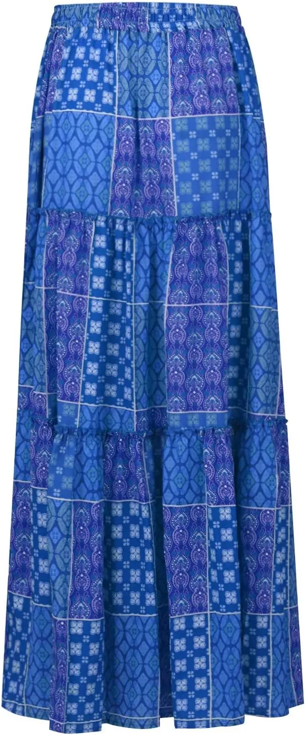 Womens Summer Boho Flowy Swing Tiered A-Line Midi Skirt 2025 Fashion Trendy Elastic Waist Pleated Long Beach Dress