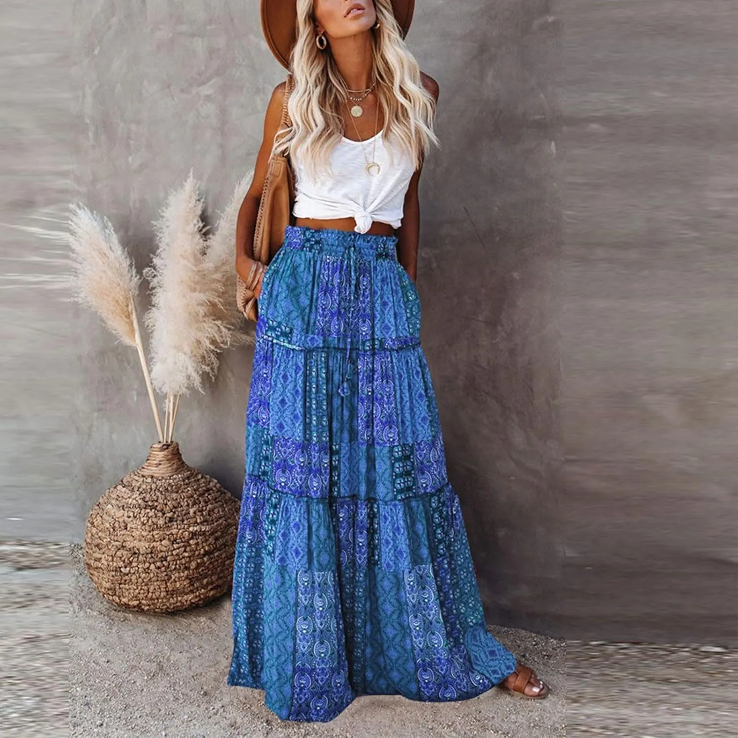 Womens Summer Boho Flowy Swing Tiered A-Line Midi Skirt 2025 Fashion Trendy Elastic Waist Pleated Long Beach Dress