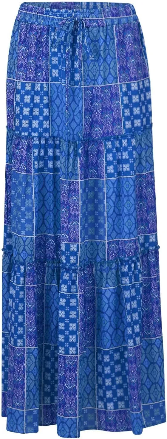 Womens Summer Boho Flowy Swing Tiered A-Line Midi Skirt 2025 Fashion Trendy Elastic Waist Pleated Long Beach Dress