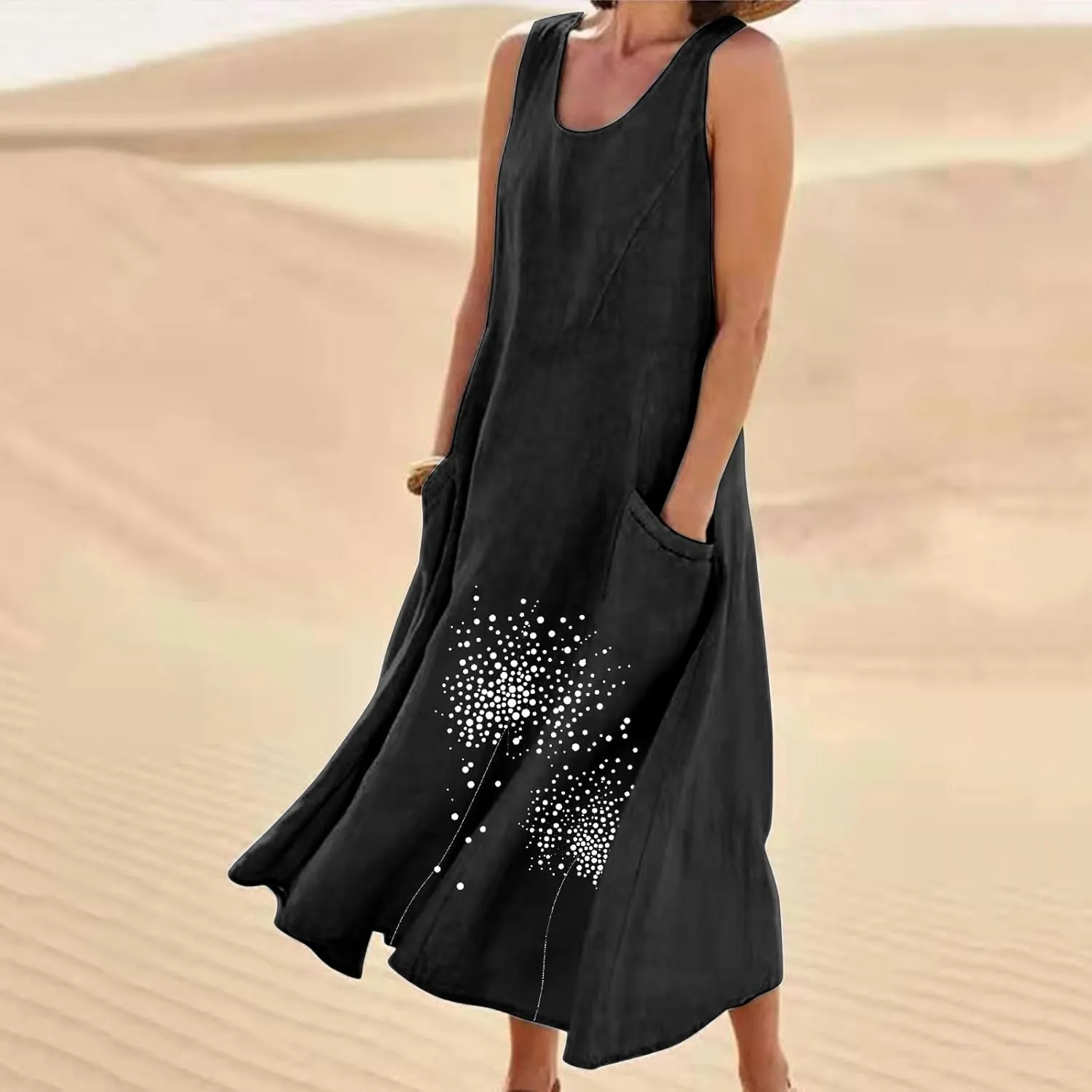 Women's Summer Casual Sleeveless Cotton Sun Dress Maxi Tank Beach 2025 Vacation Travel Floral Print Dress with Pockets
