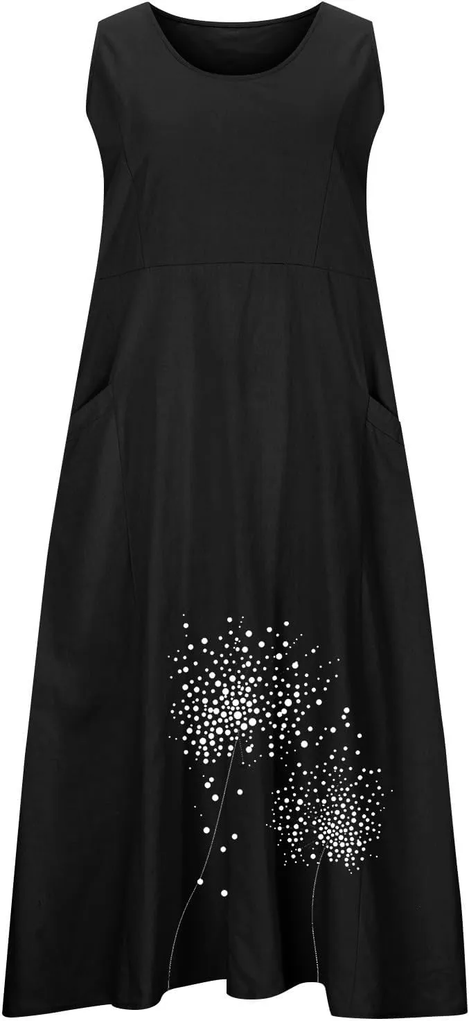 Women's Summer Casual Sleeveless Cotton Sun Dress Maxi Tank Beach 2025 Vacation Travel Floral Print Dress with Pockets