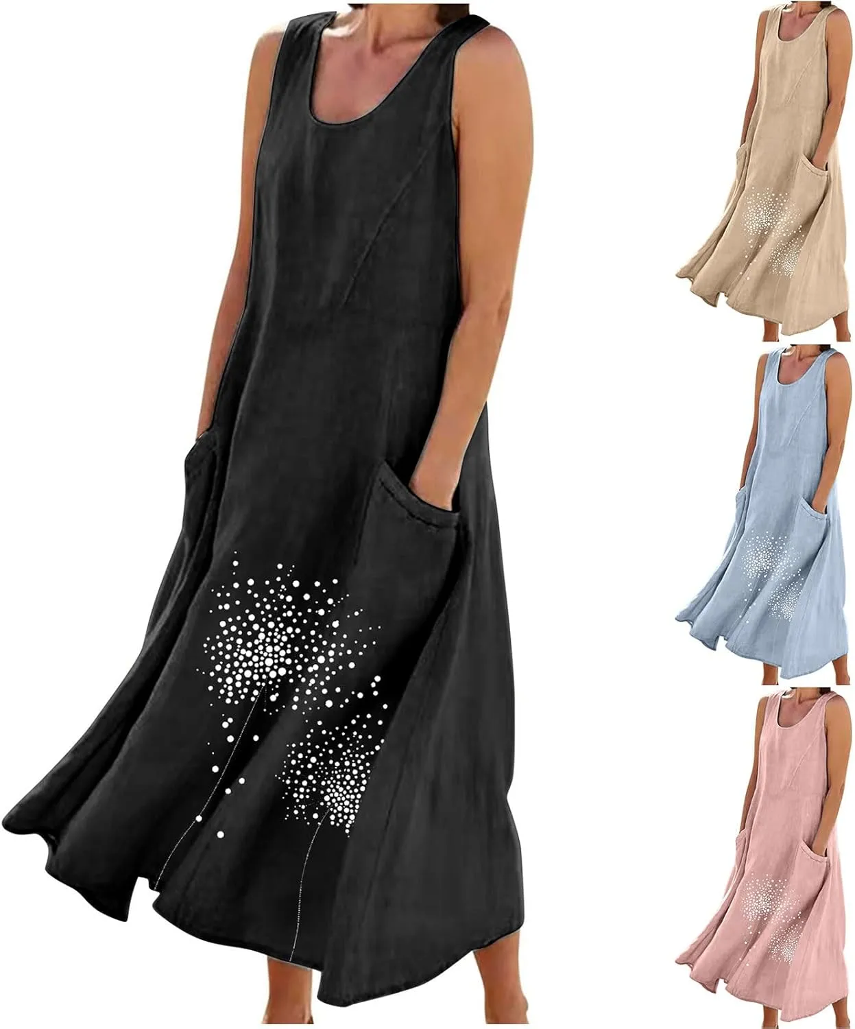 Women's Summer Casual Sleeveless Cotton Sun Dress Maxi Tank Beach 2025 Vacation Travel Floral Print Dress with Pockets