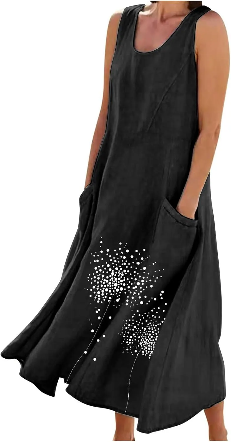 Women's Summer Casual Sleeveless Cotton Sun Dress Maxi Tank Beach 2025 Vacation Travel Floral Print Dress with Pockets