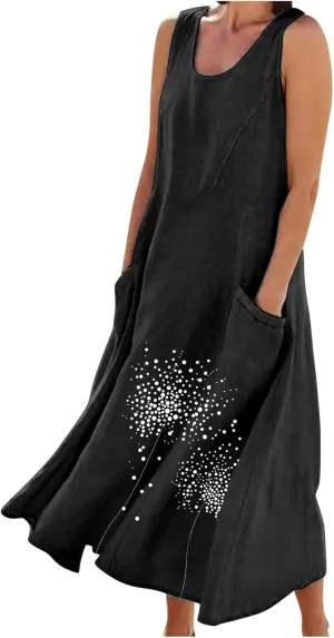 Women's Summer Casual Sleeveless Cotton Sun Dress Maxi Tank Beach 2025 Vacation Travel Floral Print Dress with Pockets
