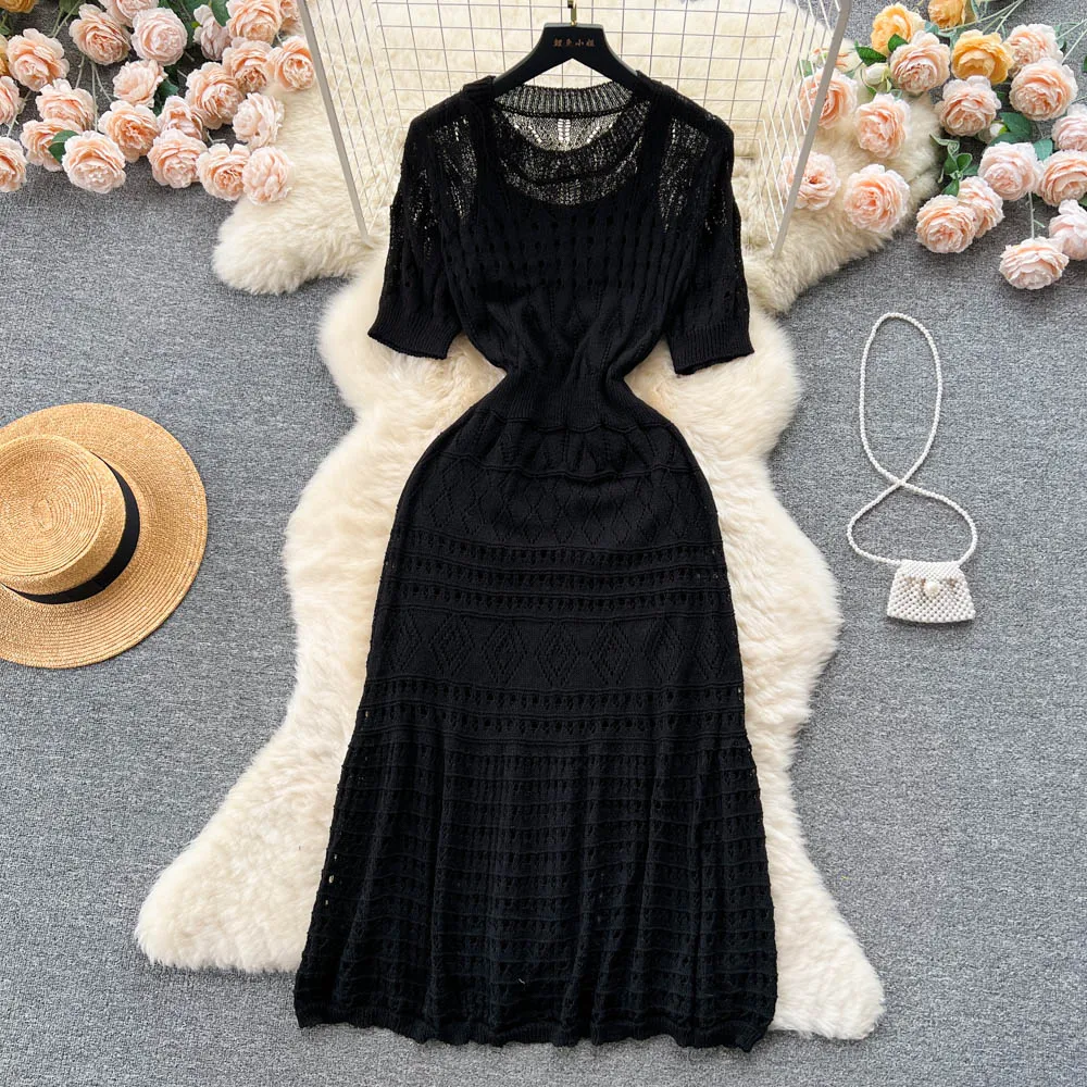 Women's Summer Hollow Knitted Dress Suspender Skirt Two-piece Set 477