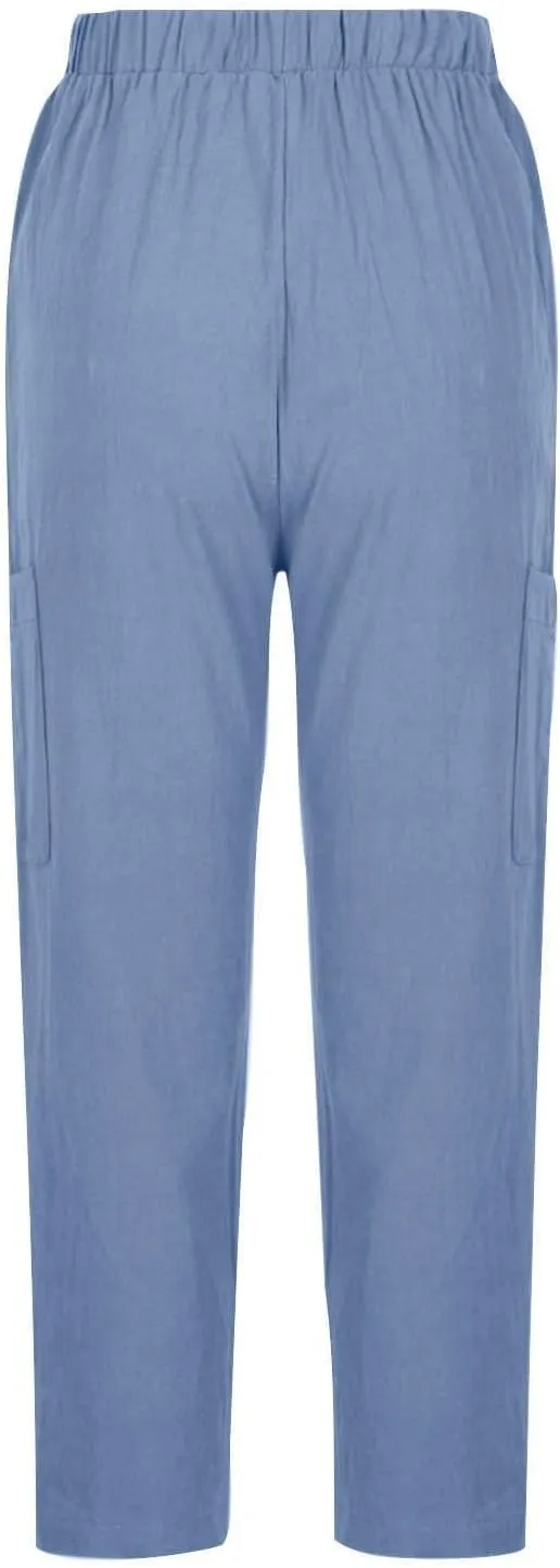 Womens Summer Linen Pants with 4 Pockets Straight Leg Elastic Waist Ankle Length Pants Casual Trousers Bottoms