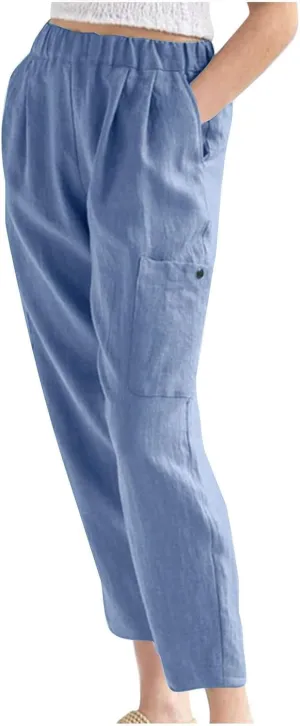 Womens Summer Linen Pants with 4 Pockets Straight Leg Elastic Waist Ankle Length Pants Casual Trousers Bottoms