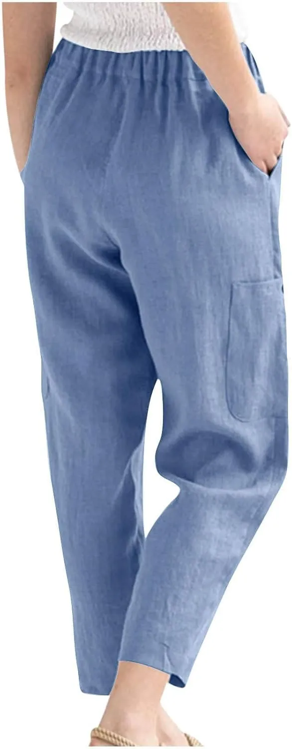 Womens Summer Linen Pants with 4 Pockets Straight Leg Elastic Waist Ankle Length Pants Casual Trousers Bottoms