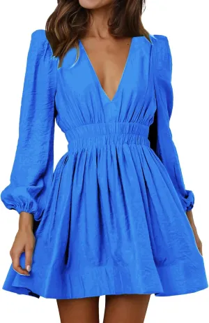 Women's Summer Mini Dress Deep V Neck Sundresses Sexy High Waist Ruffle Dresses Beach Trendy Dress 2025