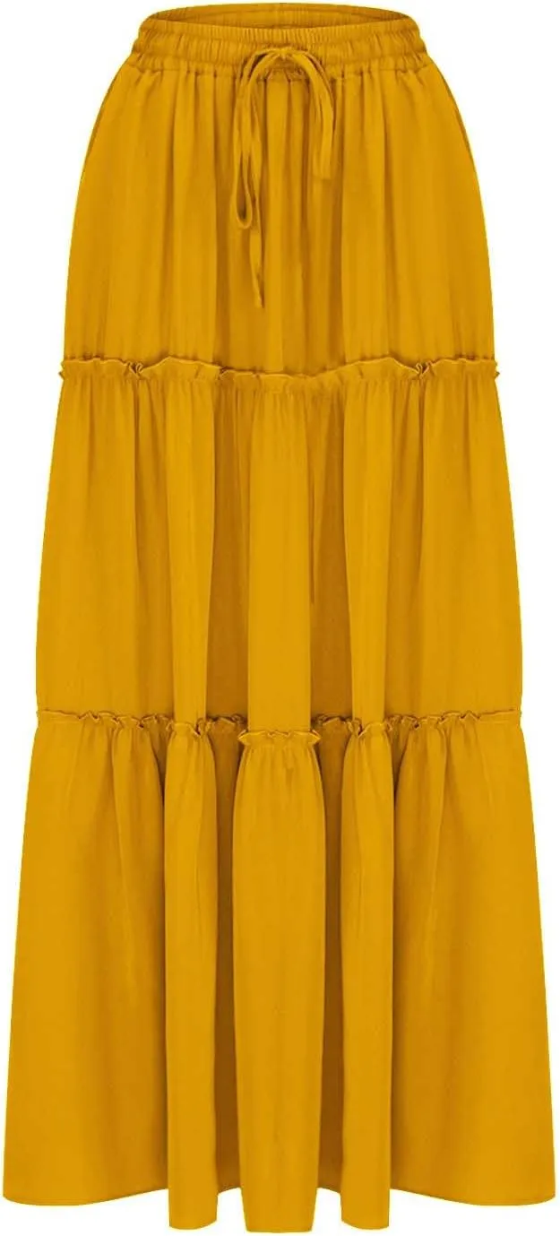 Women's Summer Pleated Maxi Skirts Ruffle Beach Long Skirt Elegant Solid Bohemian Vacation Skirts 2025 Trendy
